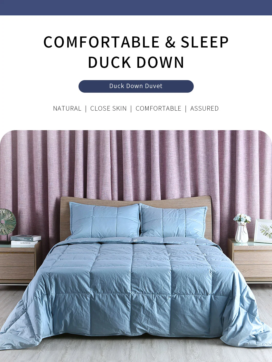 Home Hotel Bedding Blue Cotton Cover 50% White Duck Down Comforter