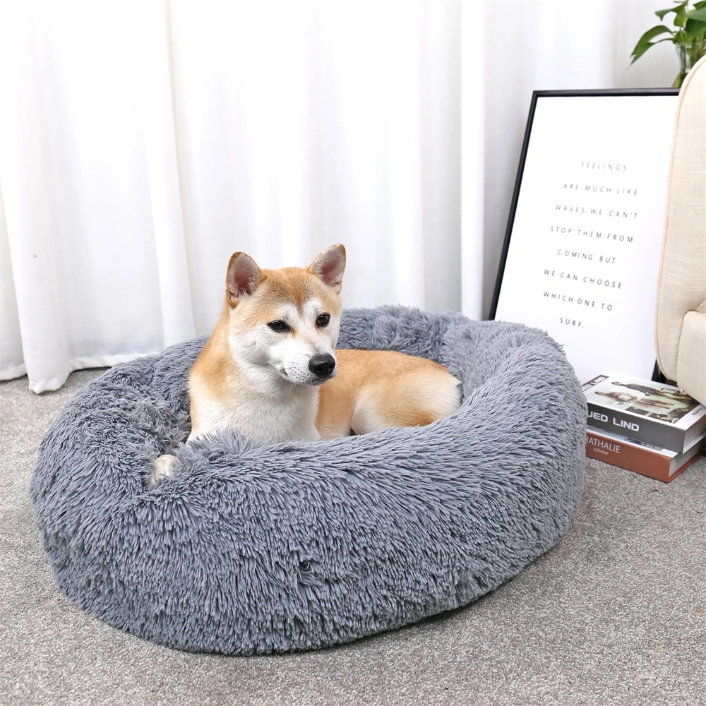Long Faux Fur Fabric Dog Bed Comfortable Donut Round Dog Bed Super Soft Washable Pet Cushion Bed